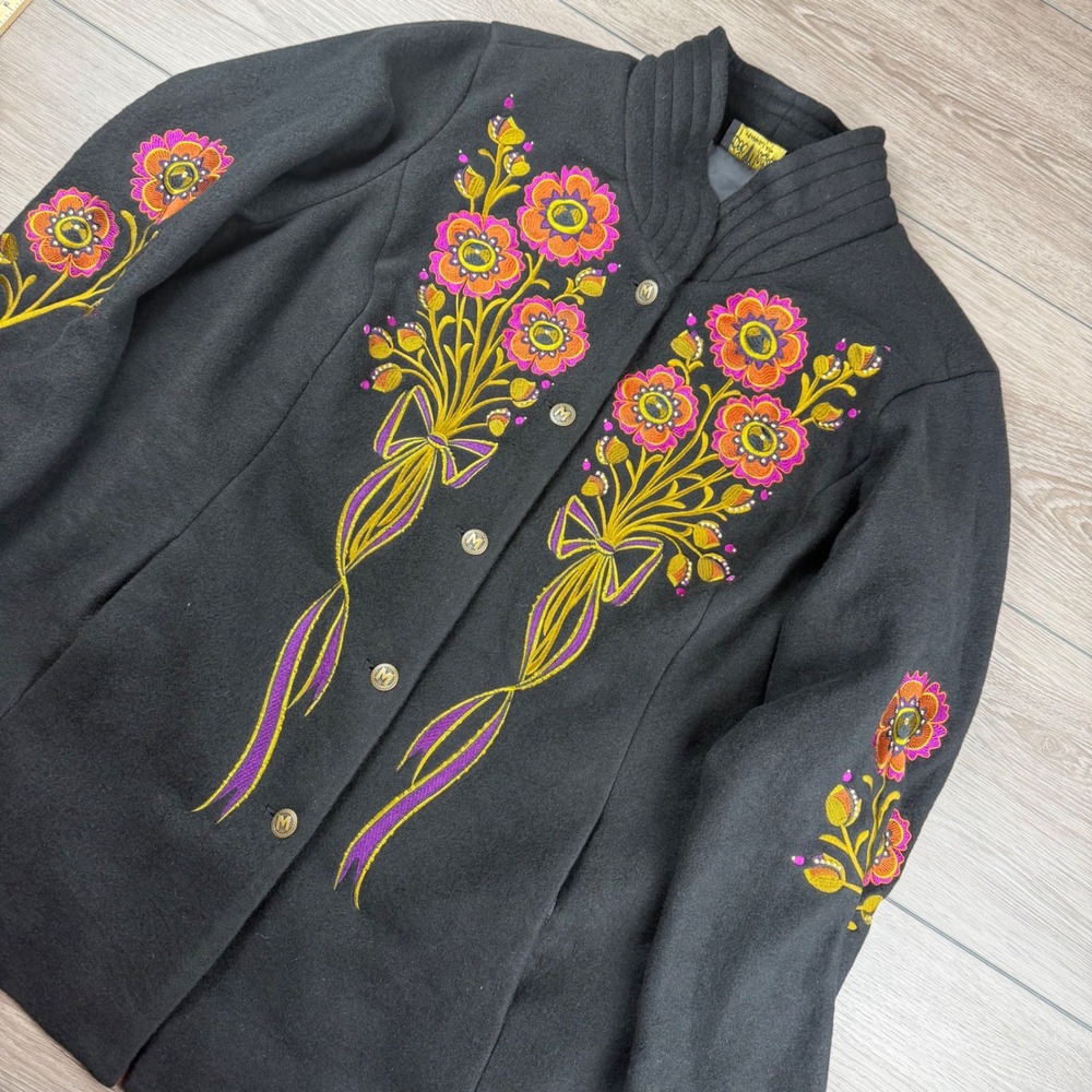 Bob Mackie Womens Jacket Wearable Art Floral Embroidered Black 1X